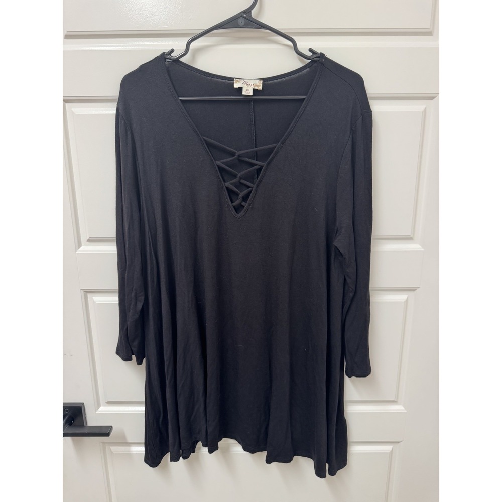Misia Womens 2X Black Rayon Spandex Lattice V-Neck Wide Bottom Pullover Top